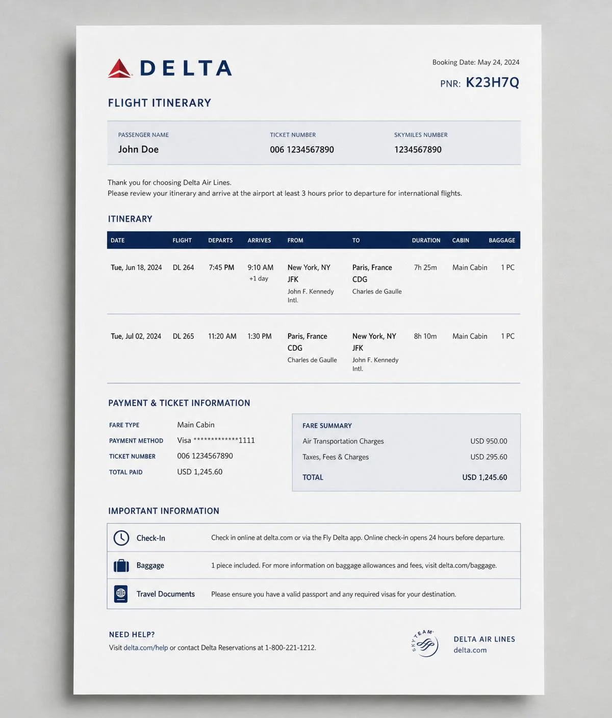 Sample Delta flight itinerary PDF with PNR